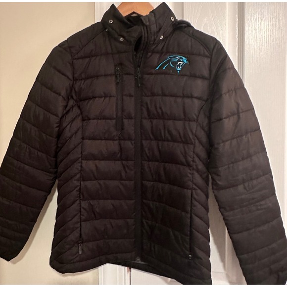 Carolina Panthers NFL Jacket Womens Small Puffer Coat Lightweight Black w/hood - Picture 1 of 9